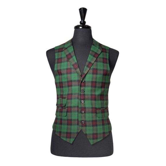 Mens Tartan Plaid Vest 40R Green Red Black Wool Waistcoat Formal Wedding Party - Picture 1 of 10